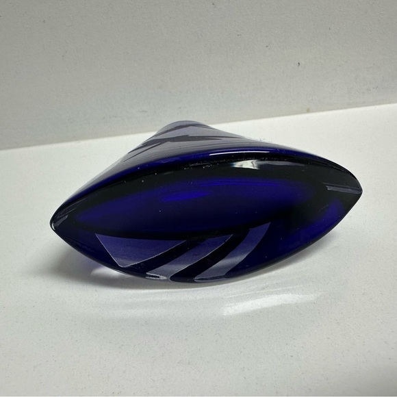 Art Glass Tapered Rocking Vase Cobalt Blue Midcentury Modern Etched EUC - Picture 6 of 6